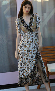 *SALE! Antona White-Grey Floral Border Print Wrap Maxi Dress
