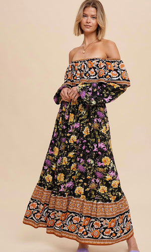 Alorie Black Border Print Tiered Maxi Dress