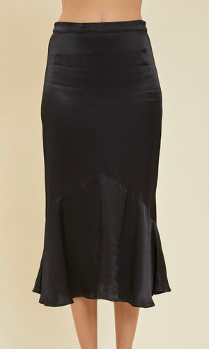 Asare Black Seamed Flirty Satin Elastic Waist Midi Skirt