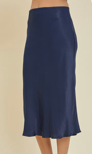 Abie Eclipse Blue Satin Bias Cut Elastic Waist Midi Skirt