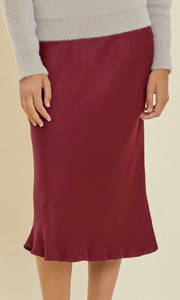 Abie Burgundy Satin Bias Cut Elastic Waist Midi Skirt