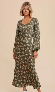 *SALE! Aviny - Eucalyptus Vintage Floral Satin Bias Cut Midi Dress