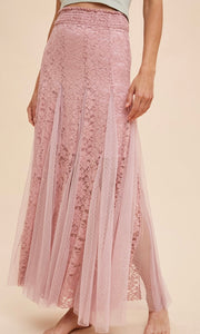 Anvy - Dusty Rose Lace Panel Smocked Godet Maxi Skirt