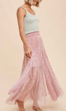 Anvy - Dusty Rose Lace Panel Smocked Godet Maxi Skirt
