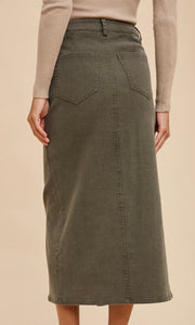 Acia Olive Stretch Cotton Pencil Midi Skirt