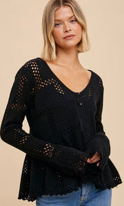 Adaria Black Pointelle Lightweight Peplum Sweater