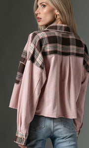 *SALE! Areva - Dusty Rose Contrast Fleece Cropped Shirt Jacket Shacket