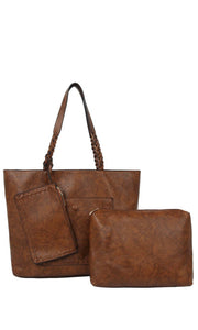 Bennie-Espresso Coffee 3-In-1 Vegan Leather Whipstitch Braided Tote Handbag Set