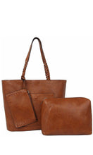 Bennie-Brown 3-In-1 Vegan Leather Whipstitch Braided Tote Handbag Set