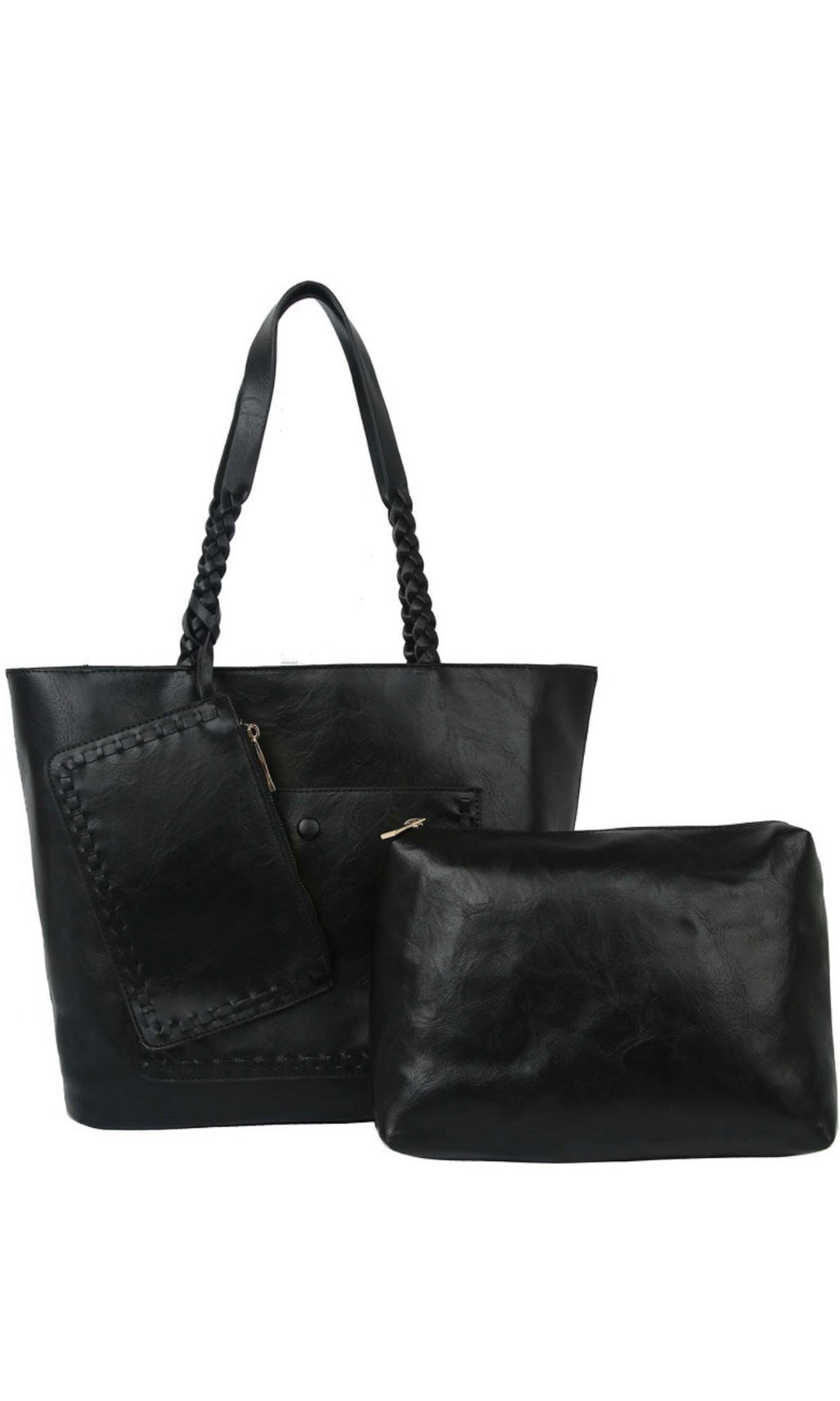 Bennie Black 3-In-1 Vegan Leather Whipstitch Braided Tote Handbag Set
