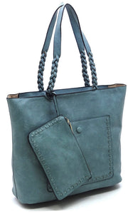 Bennie Black 3-In-1 Vegan Leather Whipstitch Braided Tote Handbag Set