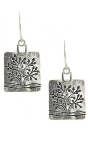 Antique Silver Etched Tree of Life Square Dangle Earrings