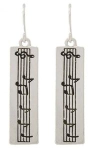 Antique Silver Etched Musical Notes Rectangle Dangle Earrings
