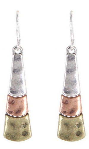 Mixed Tri Tone Burnished Silver Gold Copper Triangle Drop Earrings