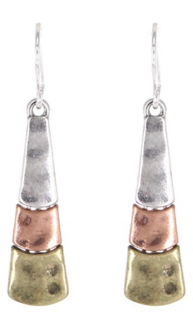 Earring Mixed Tri Tone Burnished Silver Gold Copper Triangle Drop Earrings