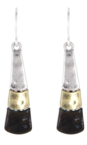 Mixed Tri Tone Burnished Patina Silver Copper Triangle Drop Earrings