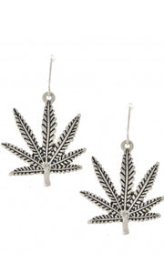Antique Silver Etched Marijuana Hemp Leaf Drop Earrings