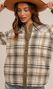 Aflora Olive-Taupe Brushed Plaid Side Pocket Shirt Shacket Jacket