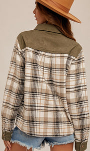Aflora Olive-Taupe Brushed Plaid Side Pocket Shirt Shacket Jacket