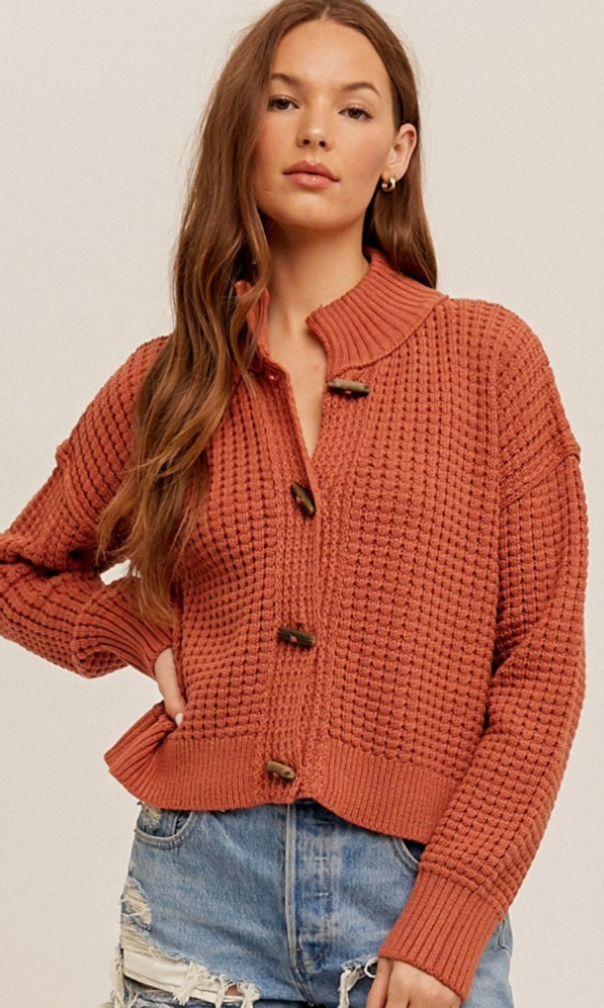 Ariea Rust Wooden Toggle Texture Cardigan Sweater Jacket