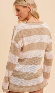 Azena Caramel Multi Stripe Pullover Button Tab Sweater Top