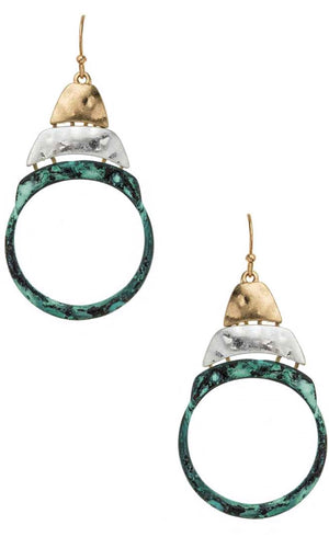 Vintage Inspired Mixed Tri Tone Hammered Patina, Gold & Silver Circle Drop Earrings