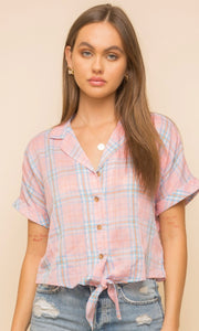 *SALE! Anary Pink Plaid Tie-Front Blouse Top