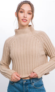 Armay Khaki Ribbed Knit Crop Mock Sweater Top