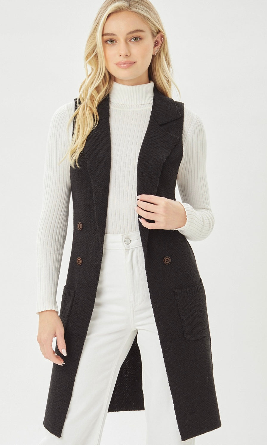 Aprise Black Longline Cardigan Sweater Vest Coat