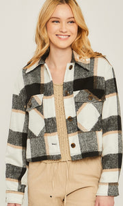 Akena Black Plaid Flannel Button Front Cropped Jacket