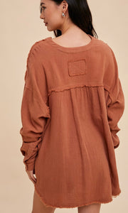 Arick Fawn Rust Garment Washed Cotton Tunic Shirt Top