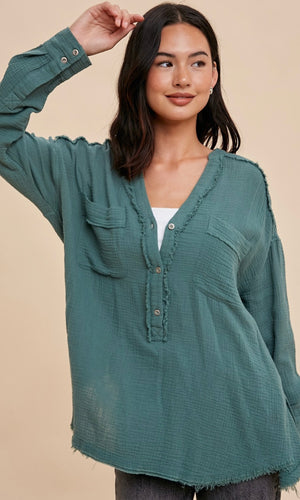 Arick Balsam Green Garment Washed Cotton Tunic Shirt Top
