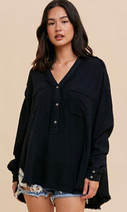Arick Black Garment Washed Cotton Tunic Shirt Top