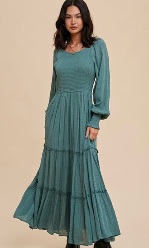 *SALE! Amaxa - Balsam Green Texture Swiss Dot Smocking Long Sleeve Maxi Dress