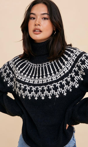 Agail Black Fair Isle Pullover Turtle Neck Sweater Top