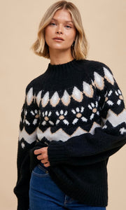Acina Black Fair Isle Pullover Mock Sweater Top