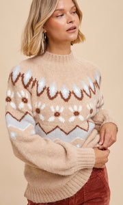 Acina Beige Fair Isle Pullover Mock Sweater Top