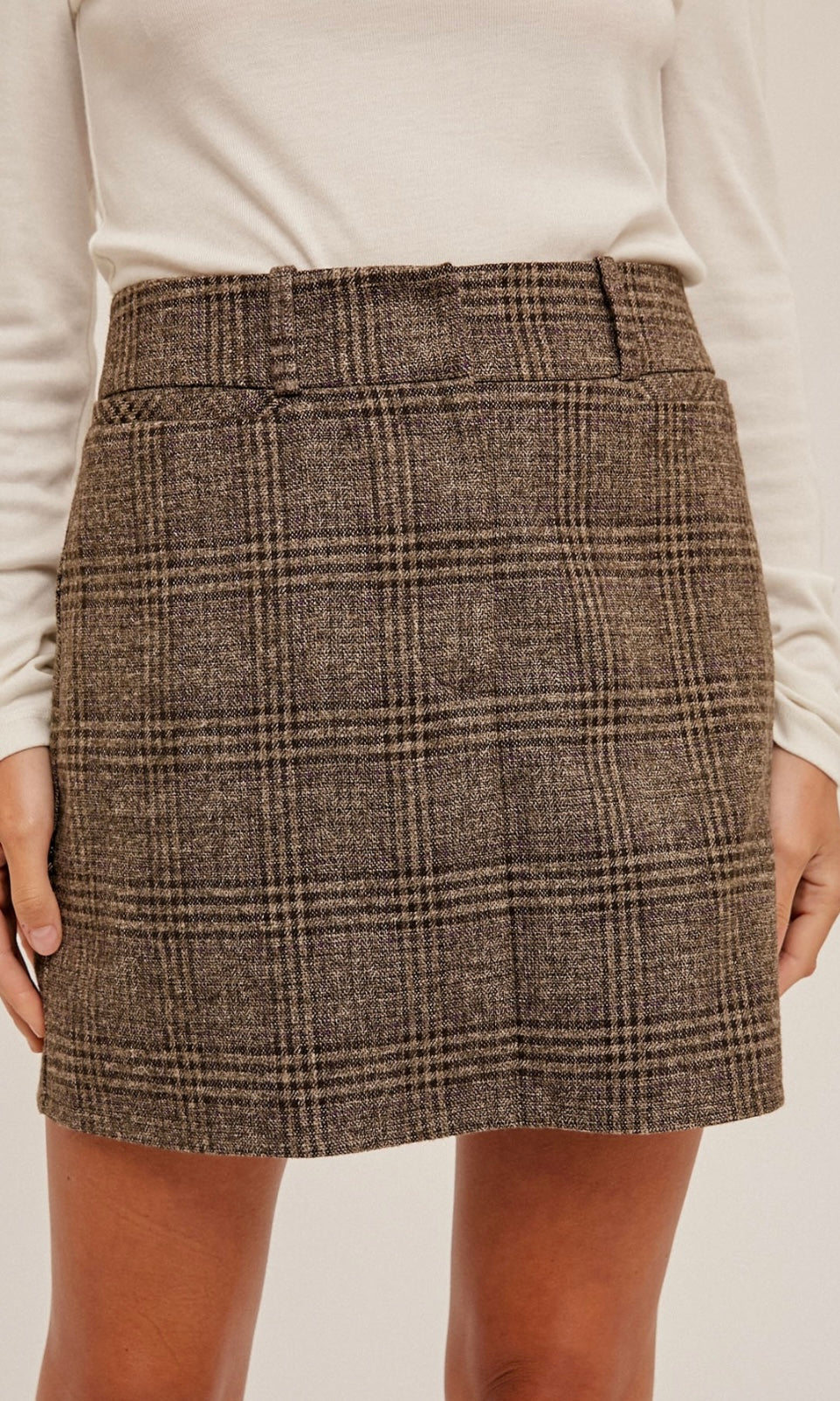 Andin Brown Plaid Pocketed Mini Skirt