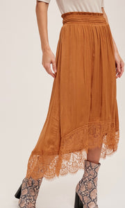 Asira Pumpkin Hammered Satin Lace Contrast Midi Skirt
