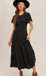 Agenie Black Textured Clip Dot Smocked Midi Dress