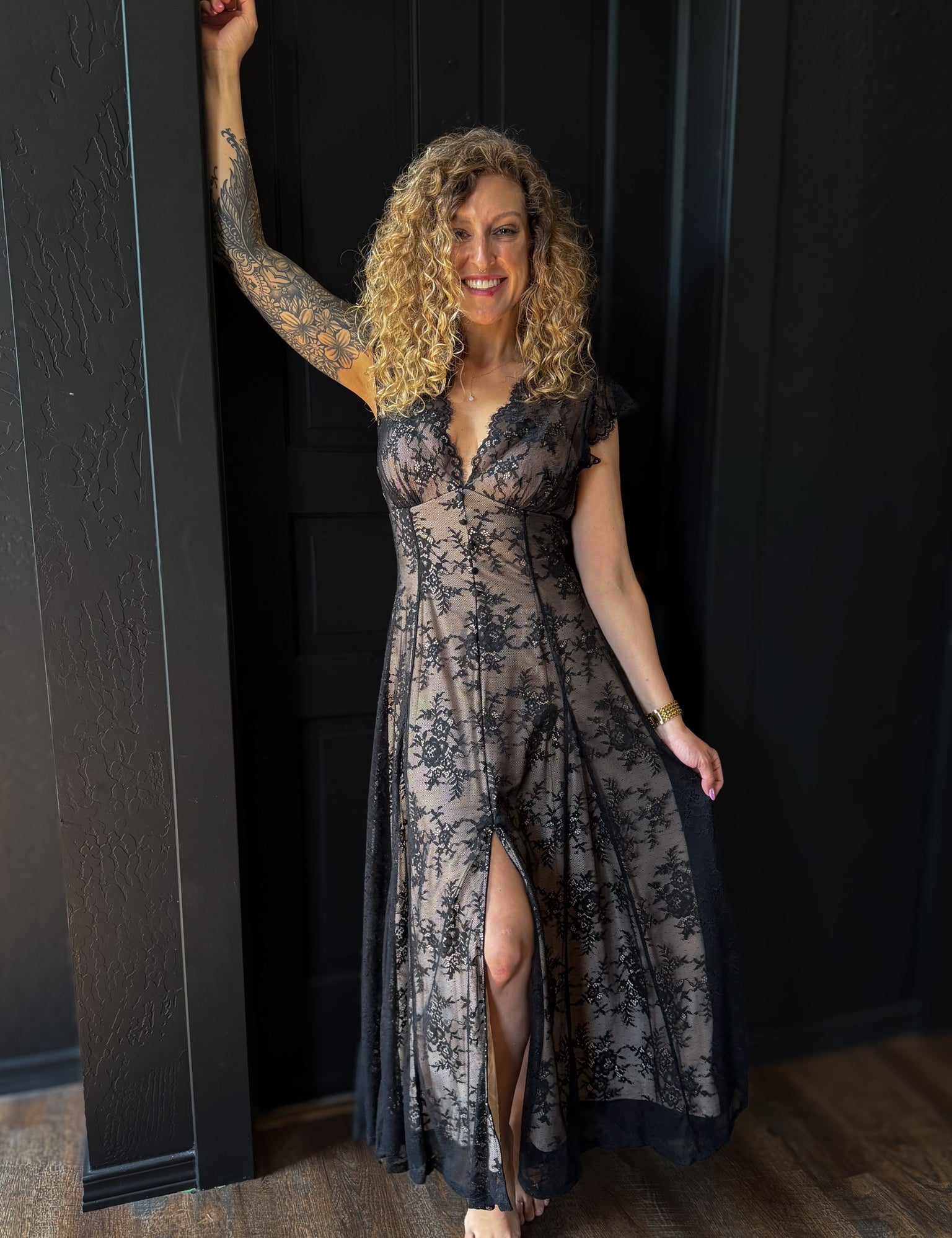 shapewear boho floral lace front slit maxi dress Boho Floral Lace Shapewear Maxi Dress