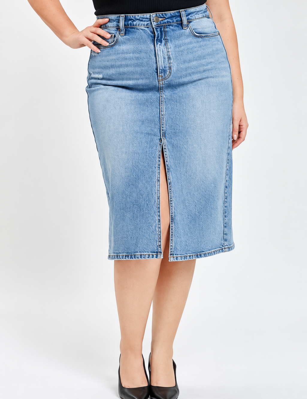 Valerie Plus Medium Denim High Rise Midi Skirt