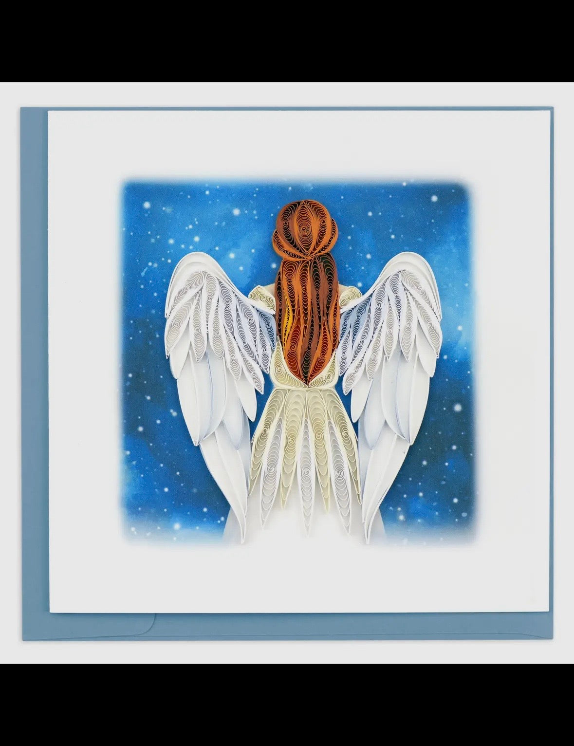 Illustration of an angel with white wings and a long brown hair against a blue starry sky.