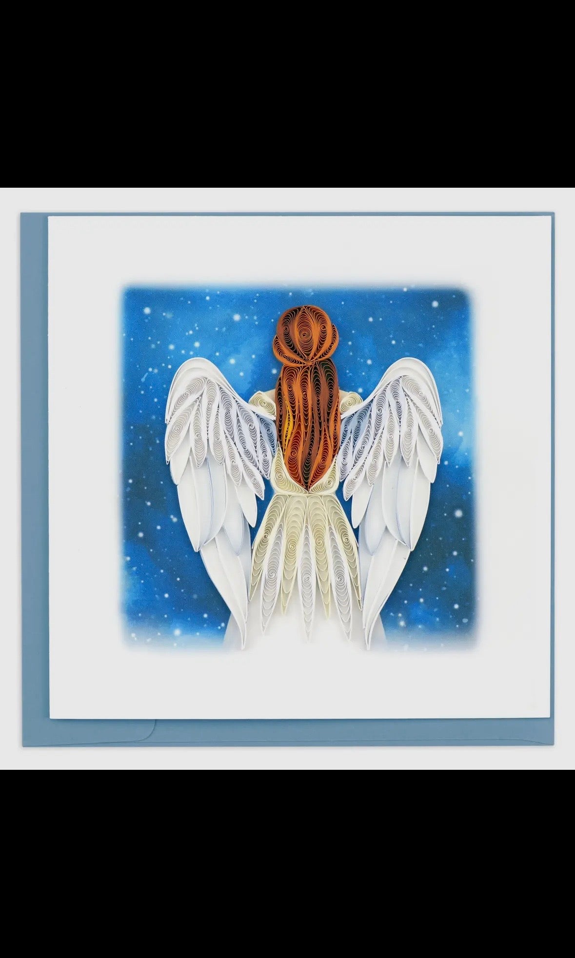 Illustration of an angel with white wings and a long brown hair against a blue starry sky.