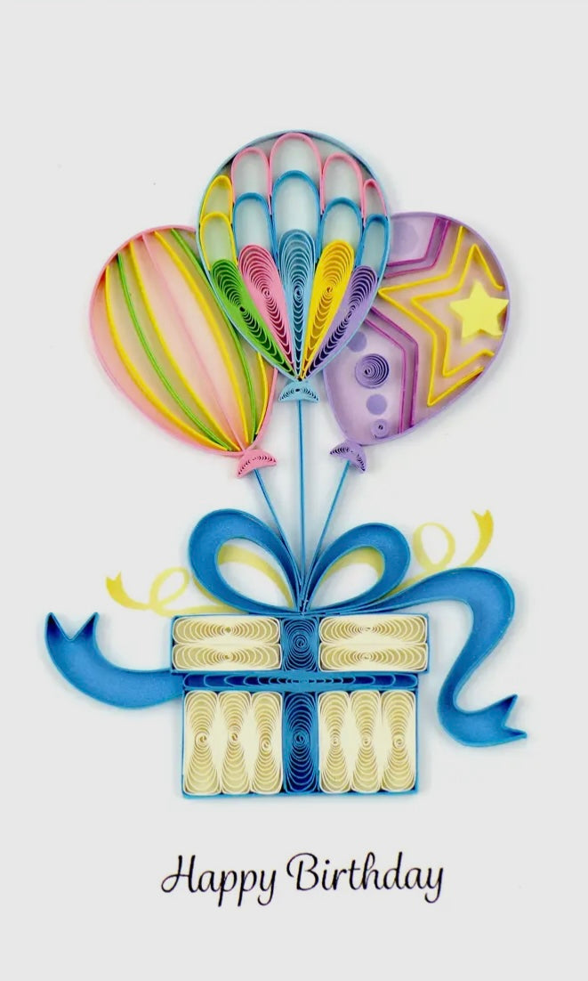 Colorful birthday card with balloons and a bow, featuring the text 'Happy Birthday'.