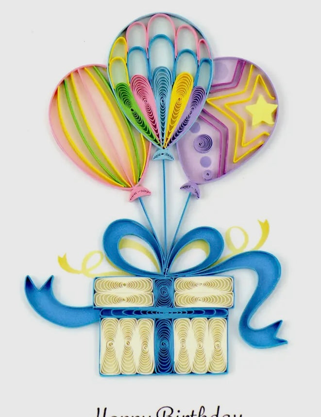Colorful birthday card with balloons and a bow, featuring the text 'Happy Birthday'.