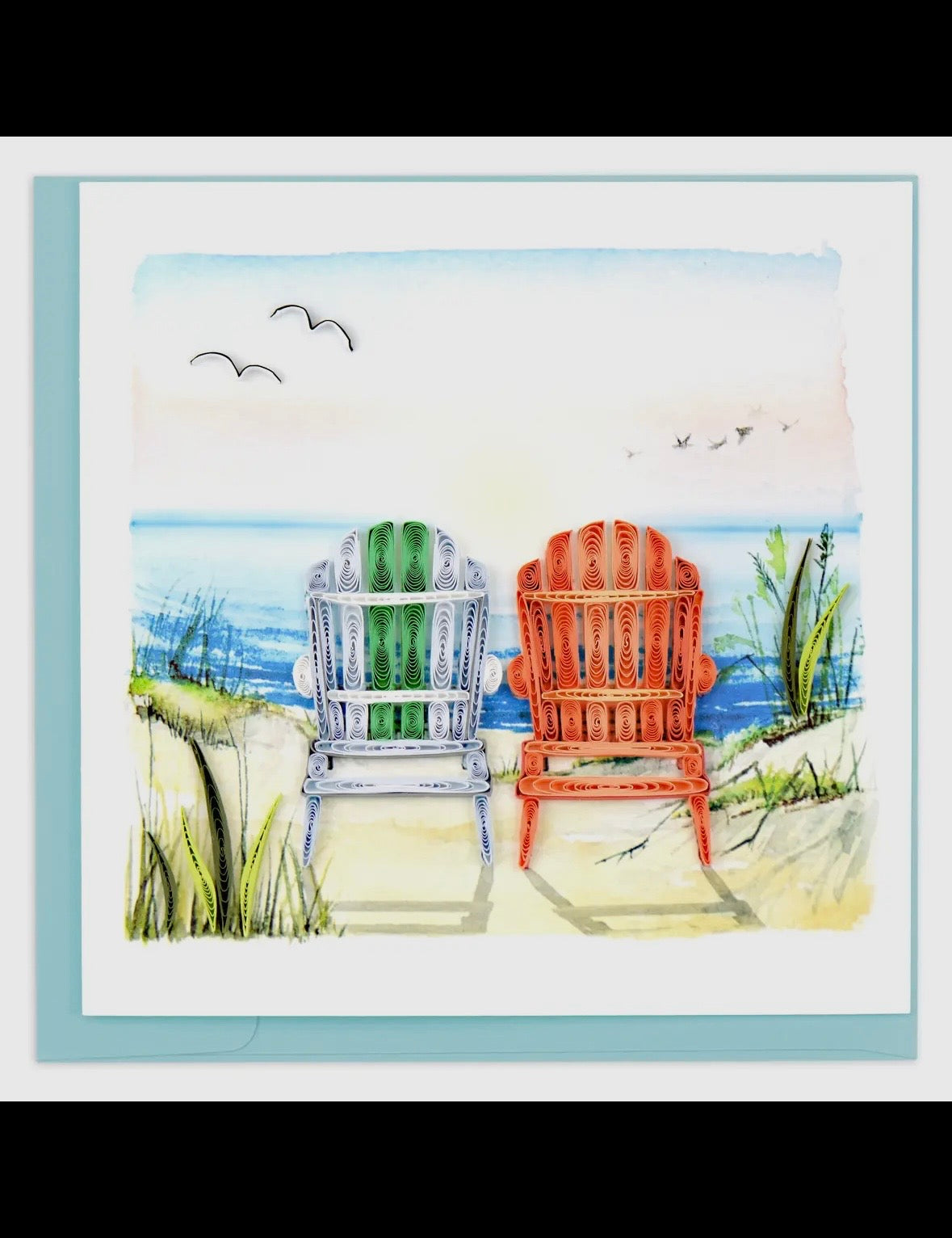 Illustration of two beach chairs on a sandy beach with ocean and sky in the background.