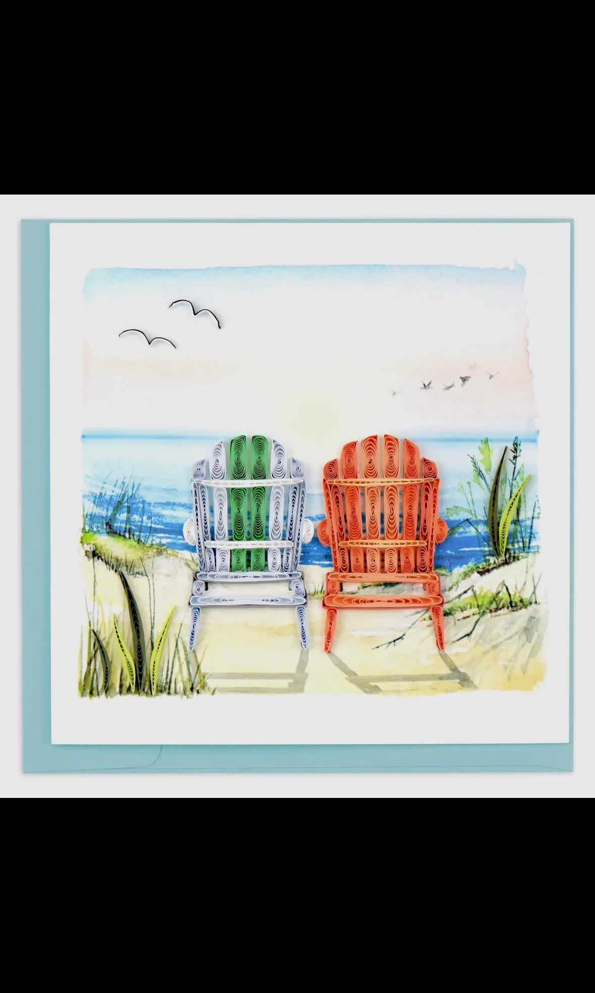 Illustration of two beach chairs on a sandy beach with ocean and sky in the background.