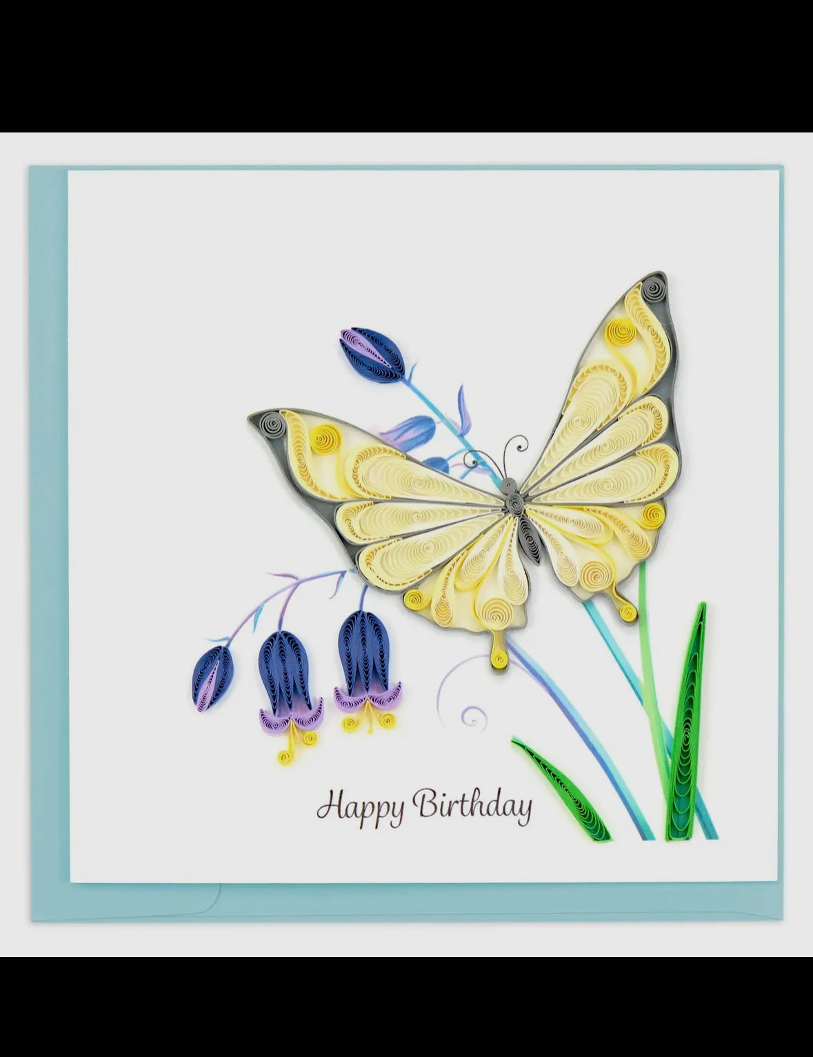 Birthday card with a yellow butterfly and flowers on a white background