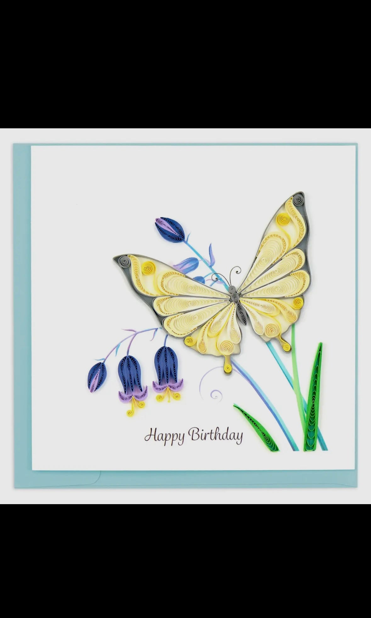 Birthday card with a yellow butterfly and flowers on a white background